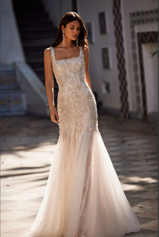 Kim 3347 Mermaid Wedding Dress – Lace & Glitter Gown with Square Neckline, Tulle Flares & Train
